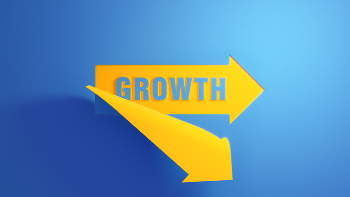Yellow arrow symbol on blue background.  Growth writes inside of the arrow symbol. Horizontal composition with copy space.