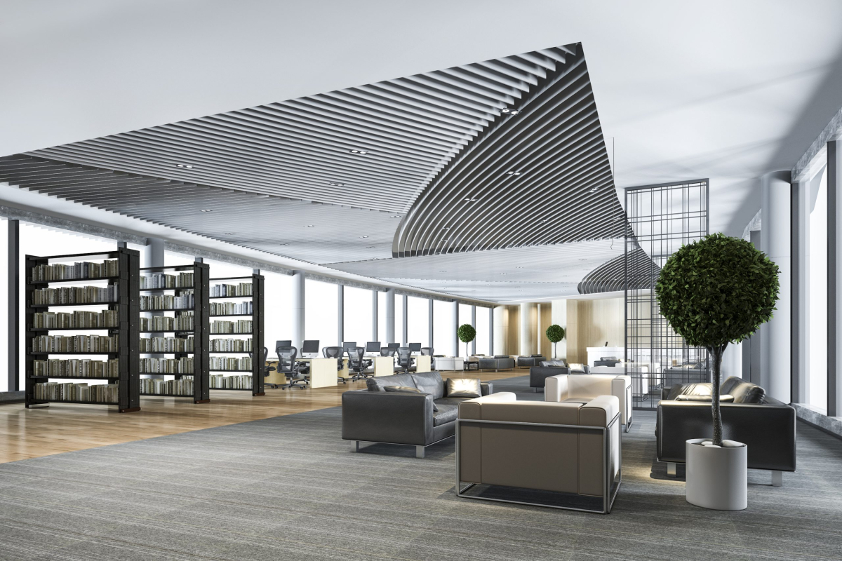 3d rendering elegant lounge lobby area and library with working desk and sofa set