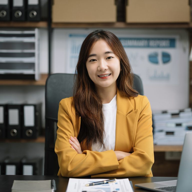 businesswoman leader looking at camera in office.